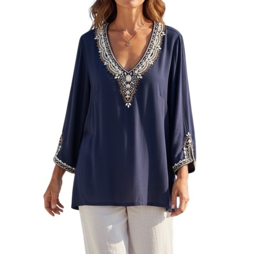 Lilly Pulitzer Embellished Mediterranean Tunic Top Small Costal Beaded Resort